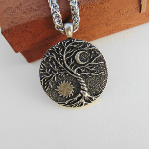 Handcrafted Iron Tree of Life Pendant - Man Necklace, Sun Necklace, Woman Necklace, Sun and Moon