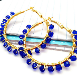 Snorkel Blue Gold Hoop Earrings, Wire Wrapped Beaded Hoops, Boho Jewelry Gift Idea for Girlfriend Best Friend Coworker Birthdays Anniversary