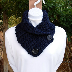 Solid Dark Navy Blue NECK WARMER SCARF Buttoned Cowl with Black Buttons, Men's, Women's Thick Winter Crochet Knit, Ready to Ship in 3 Days