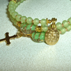 Rosary Bracelet of Green Glass Beads and Gold Findings