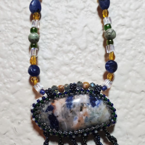 Necklace - Sodalite Gemstone in Glass Beaded Bezel, ID - 361