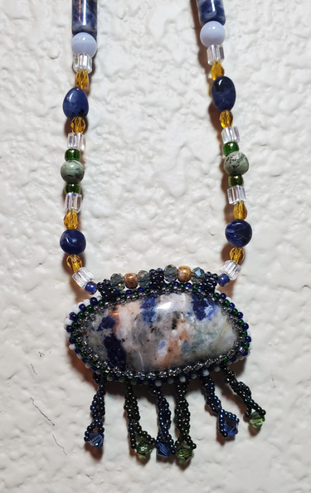 Necklace - Sodalite Gemstone in Glass Beaded Bezel, ID - 361