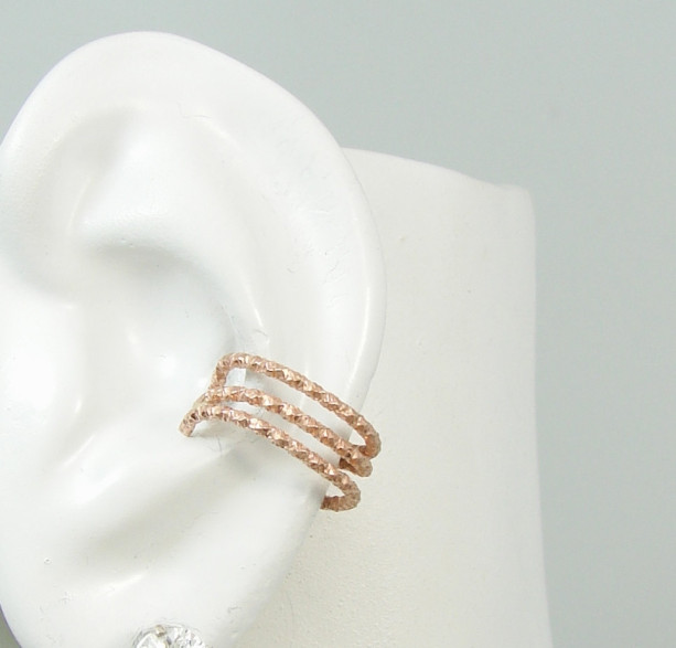 Ear Cuff, Rose Gold Non-pierced, Cartilage Wrap, Earring Fake Conch, No Piercing Earcuff Faux Pierced Hoop Triple Faceted Wire Band ETFWRGF