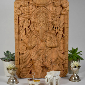 14" Ganesha Wood Relief Carving