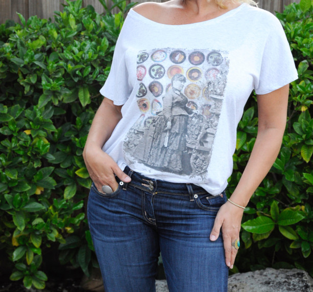 Handmade printed Tee, t-shirt, top with colorful collage antique and cupcakes