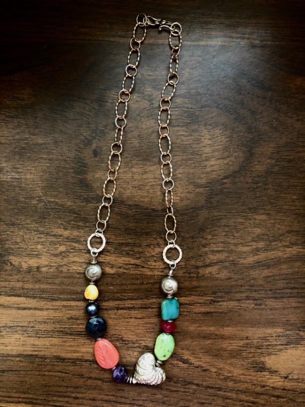 Necklace with multicolored beads, Hill Tribe silver heart, sterling silver chain, beads and findings 