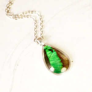 Real Butterfly Wing Necklace - Emerald Pendant - May Birthstone - Tear Drop Pendant