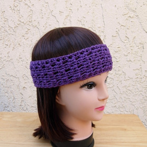 Women's Solid Dark Purple Summer Headband, Lightweight 100% Cotton Lacy Lace Crochet Knit Simple Basic Head Band, Ready to Ship in 3 Days
