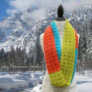 Colorblock - Women's Handmade Infinity Scarf Cowl in Lime Turquoise and Coral