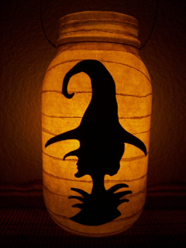 Primitive Halloween Witch Silhouette Lantern Candle Holder Light Luminary Decor Decoration Fall Centerpiece Grungy Folkart Folk Art