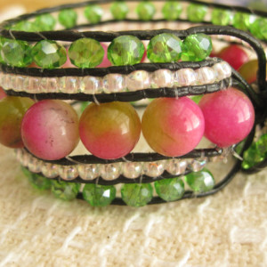 Leather beaded cuff bracelet in Rose and Green Wrap bracelet, designer look