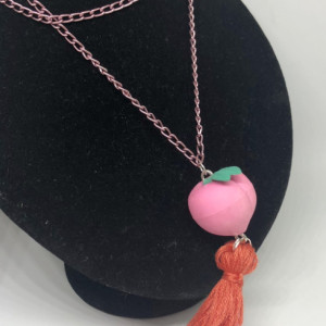 Upcycled Peach Fruit Eraser Toy with Tassel Necklace - Peach Emoji Jewelry - Tassel Necklace - Upcycled Toy Necklace - Fuzzy Peach Fruit