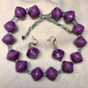 Chunky Purple handmade beaded 20" long necklace matching 1.25" earrings 