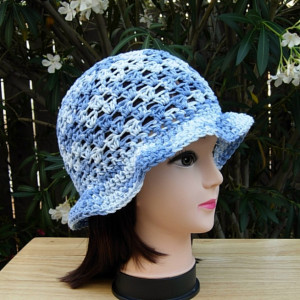 Light & Medium Denim Blue Summer Beach Sun Hat, 100% Cotton Women's Crochet Knit Beanie Bucket Cap with Floppy Brim, Ready to Ship in 3 Days