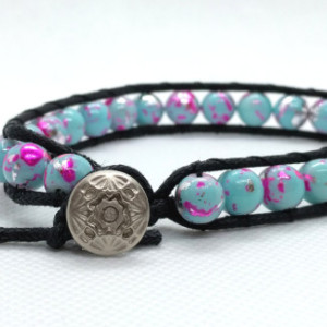 Convertible Large Bracelet or Anklet with Turquoise, Pink and Silver Bead and Waxed Cord by Cumulus Luci
