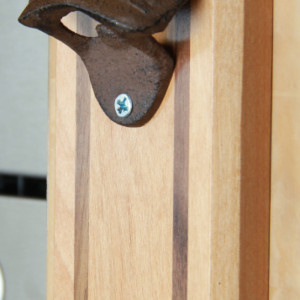 Bottle Opener Magnetic Cap Catcher - Handcrafted Alder Wood with Maple Inlay with Antique Bronze Opener