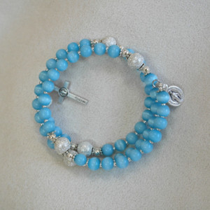 Rosary Bracelet of Blue Beads and Silver Plated Findings and Medals