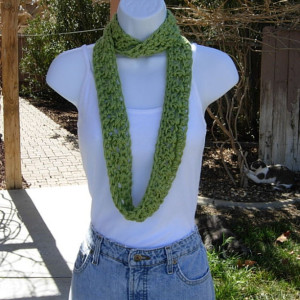 Skinny INFINITY LOOP SCARF Solid Pistachio Green Extra Soft Lightweight Summer Small Cowl Crocheted Necklace..Ready to Ship in 2 Days