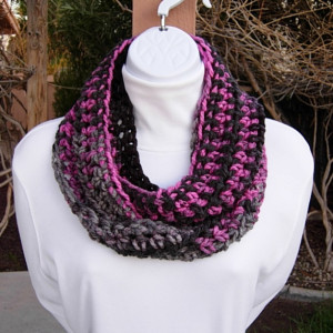 Women's Small INFINITY SCARF Black, Gray, Raspberry Pink Loop Cowl, Soft Short Skinny Petite Winter Crochet Knit, Ready to Ship in 3 Days