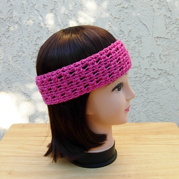 Women's Solid Hot Pink Summer Headband, Lightweight 100% Cotton Lacy Crochet Knit Boho Festival, Dark Bright Pink, Ready to Ship in 3 Days