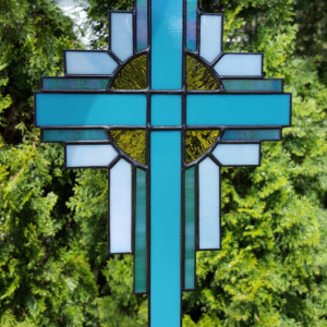 Stained Glass Cross Suncatcher in Turquoise Green #117