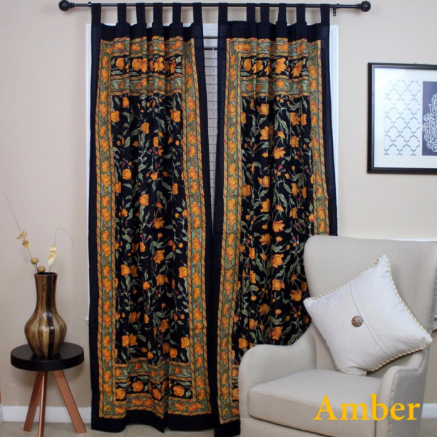 Handmade French Floral Tab Top Curtain 100% Cotton Drape Door Panel Black Amber  44" x 88"
