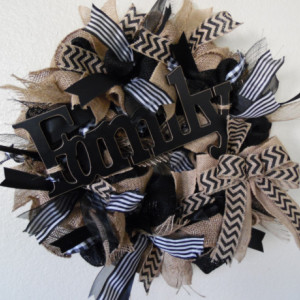 Year around Door Decor, Black and Tan Burlap & Ribbon Wreath
