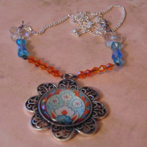 Decorative Floral Silver White Light Blue Turquoise Glass Pendant Orange Swarovski Crystal Blue Turquoise Clear Iridescent Beads Necklace