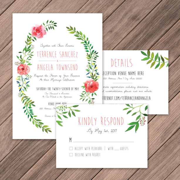 Watercolor Wreath Wedding Invite, DIY Invites, Rustic Wedding Invites, Summer/Spring Invites, Whimsical Wedding Invites, Instant Download