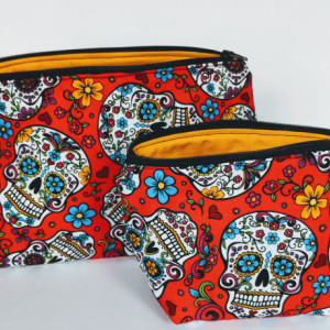 Large Matching Sugar Skull Travel Bag, Travel Cases, Cosmetic Bag, Zipper Bag, School Supply Bag, Gift under 20
