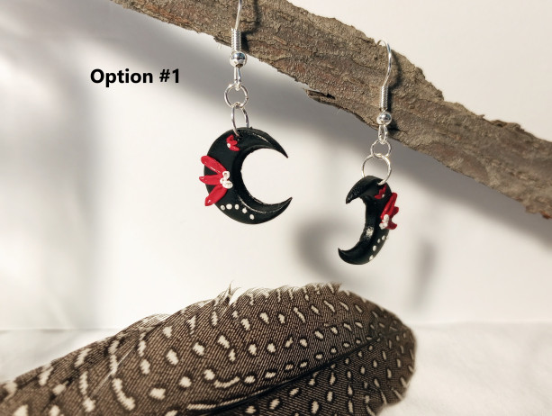 Black, white, and read polymer clay floral moon dangle earrings