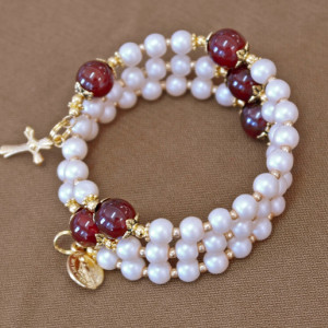 Glass Pearl and Carnelian Rosary Bracelet