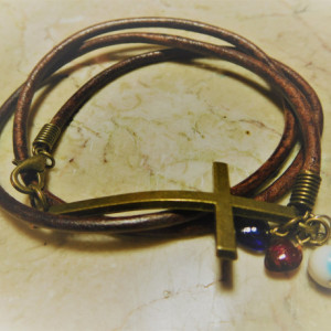 Brown leather wrap bracelet with bronze tone Cross and charms, hearts and evil eye #B00235