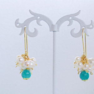 Freshwater Pearl Earrings, Pearl Cluster Earrings, Dangle Earrings, Blue Quartz Earrings