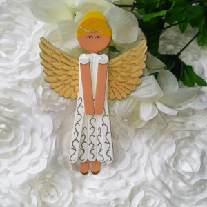 Wooden Angel Art / White Dress with Golden Wings and Accents / Wooden Hanging Angel Decoration / Personalized Angel Art