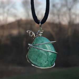 Silver Wire Wrapped Green Gemstone Pendant