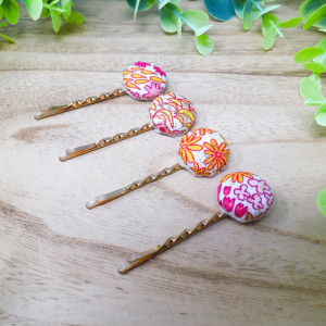 Pink Orange Yellow Set of 4 Hair PinsPink Orange Yellow Set of 4 Hair Pins | Handmade | Bobby Pins | Girl Hair Accessory | Hair Clips | Hair Barrette | Cotton Fabric | 4 Pack