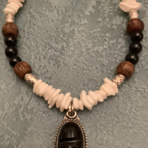 Sterling Silver Black Stone Mask Pendant With Shells, Onyx & Wood Necklace