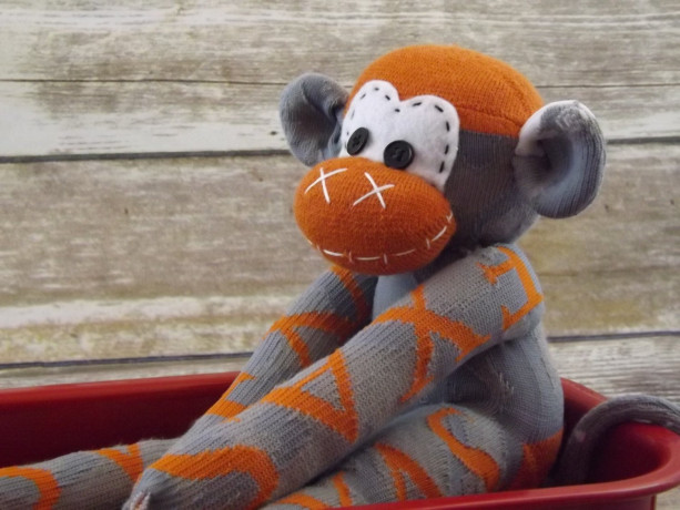 Sock monkey : University of Texas ( Bill ) ~ The original handmade plush animal made by Chiki Monkeys