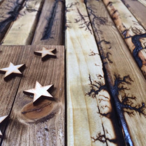 Hand crafted wood American flag with fractal burns 