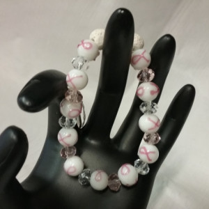 Breast Cancer Crystal Beads w/Lava Stone Diffuser Bracelet