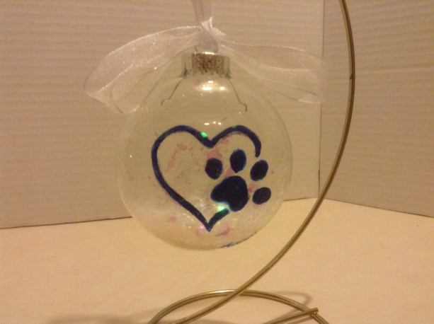 Ornament,  glass,  paw prints and heart, hand painted