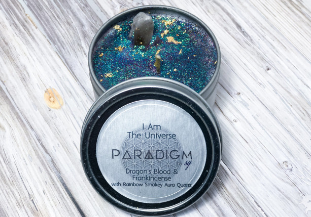 I AM The Universe Candle made with 100% Soy Wax, Frankincense and Dragon Blood Oils, Smokey Aura Quartz, Manifestation, Empowerment