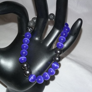 Blue Cats Eye & Hematite Gemstones w/Lava Stone Diffuser Mens Bracelet