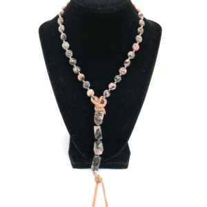 Boho Rhodonite Necklace with Stainless Steel and Leather.
