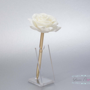 Cream White Rose Guestbook Pen. Gold Wedding Pen Set, Wedding Pen Holder, Real Touch Rose Flowers, White, Ivory