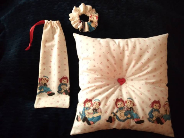 Gift Set, Handmade Lot, Valentines Day Gift for Her, Raggedy Ann and Andy, Handsewn Pillow, Drawstring Gift Bag,Scrunchie, Perfect Vday gift