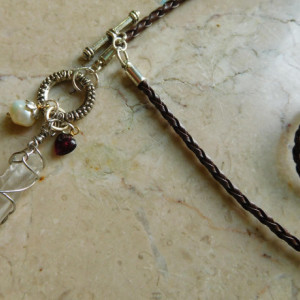 Brown leather Necklace with Quartz wrap pendant and charms beads. #N00140