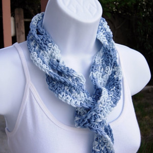 Faded Denim Blue Skinny SUMMER SCARF Small 100% Cotton Spiral Crochet Knit Narrow Lightweight Warm Weather Scarf, Ready to Ship in 3 Days