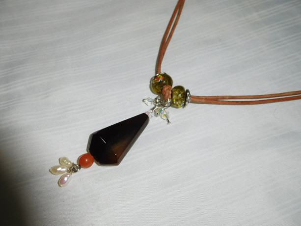 Smoke quartz  Necklace with Millefiori Rondelle Glass Beads, orange agate , pearls and crystals pendant #N00113